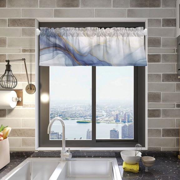 White Blue Gold Marble Valance Curtains Rod Pocket for Kitchen Living Room Windows Farmhouse Decor 54x18