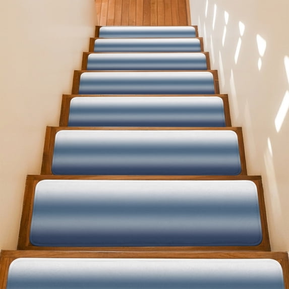White and Blue Gradient Stair Treads Non Slip for Steps Minimalist Dark Blue Ombre Modern Art 7 Pcs Reusable Adhesive Stair Runner Mats for Dogs Elders Carpet Treads Rugs for Staircase 8x30 In