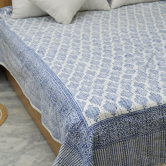 White Blue HandBlock Print Indian Kantha Quilt – Handmade Cotton Indian Bedspread for Bedding, Sofa Décor & Cozy Home Style