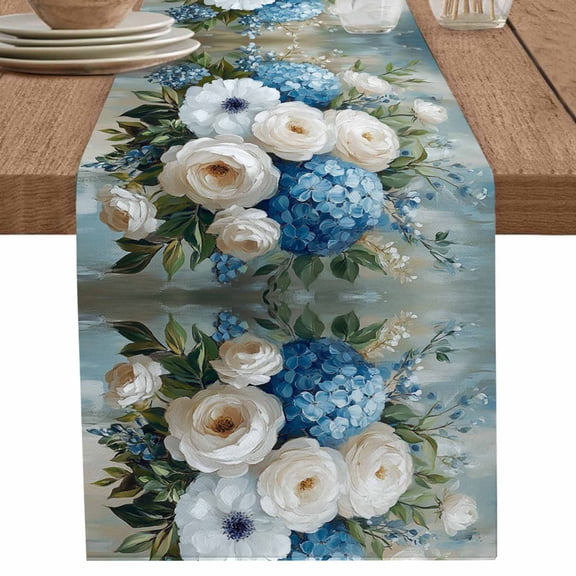 White Blue Hydrangeas Flower on Retro Table Runner-36 Inch Long Oil Painting Art Table Runners Linen Burlap Tablerunner for Kitchen Dining Room Holiday Party