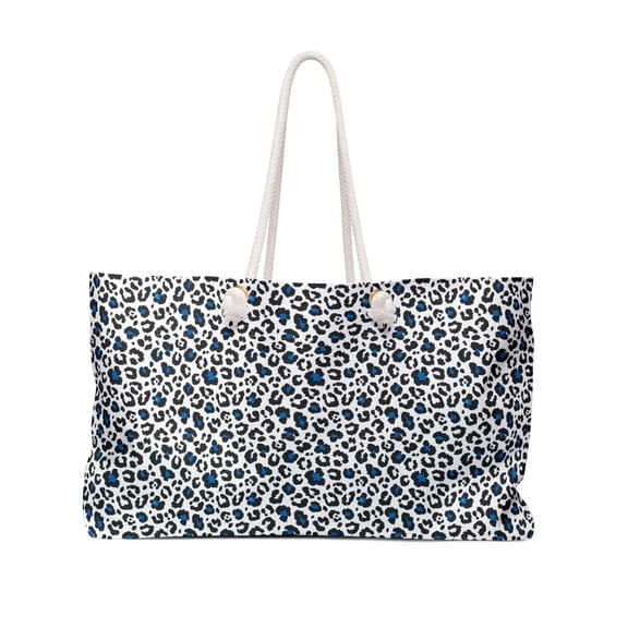 White Blue Leopard Animal Print Weekender Bag Travel Fashion Bag Handbag