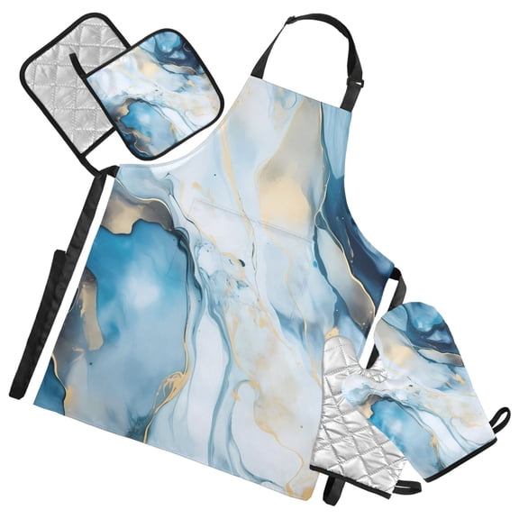 White Blue Marble 5 Pcs Kitchen Set Heat Resistant Oven Mitts and Non-Slip Pot Holders with Adjustable Cooking Apron