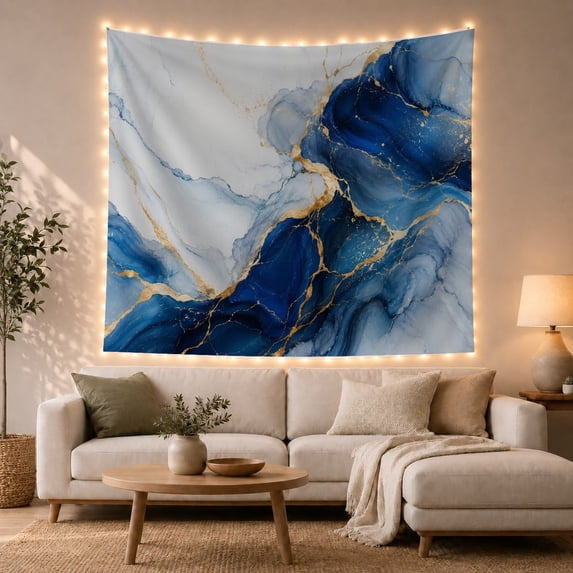 White and Blue Marble with Gold Cracks, Serene Abstract Style for Abstract Art Fans, Modern Wall Art, Housewarming Gift, Tapestry Wall Hanging for Bedroom and Living Room
