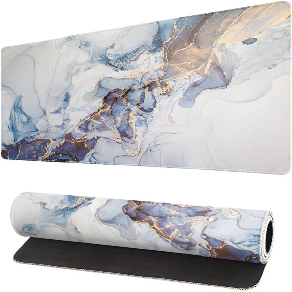 White Blue Marble with Gold Gaming Mouse Pad, Extended Large Mouse Mat Desk Pad, Stitched Edges Mousepad, 3mm Thick Long Non-Slip Rubber Base Mice Pad, 31.5 X 11.8 Inch