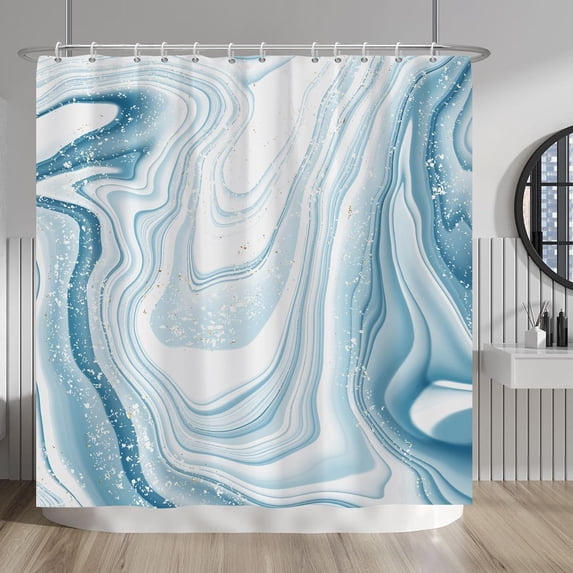 White and Blue Marble Shower Curtain White Wavy Pattern Abstract Marine Bath Curtain for Spa Club Home Cubicle Hotel Luxury Bathroom Decor Waterproof Shower Curtain with Hooks 72x72 Inches