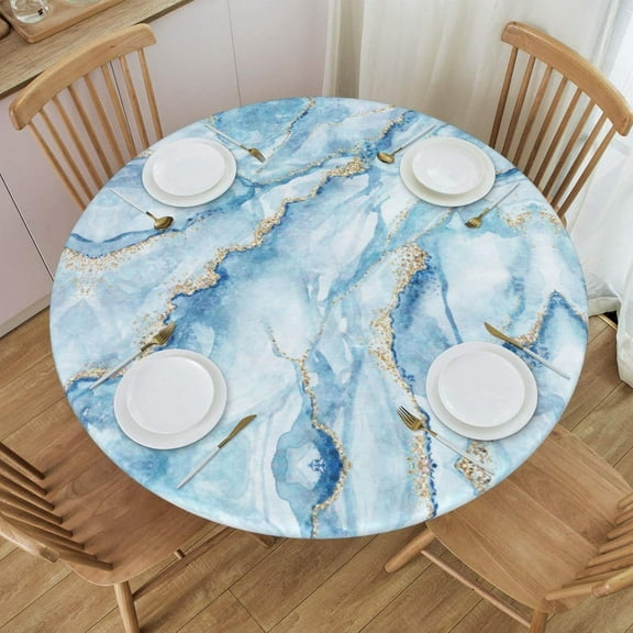 White Blue Marble Tablecloth with Elastic Edge, Round Table Cloth Washable Reusable Table Cover for Kitchen Dining Party Picnic, Medium