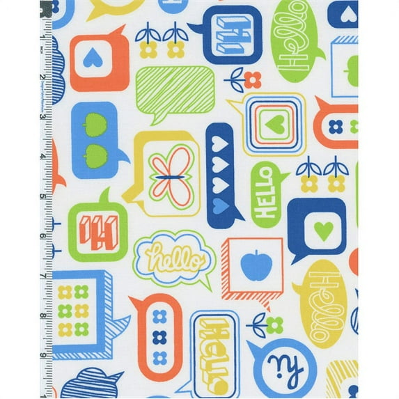 White/Blue Multi Erin McMorris Moxie Chatterbox Print Cotton, Fabric Sold By the Yard