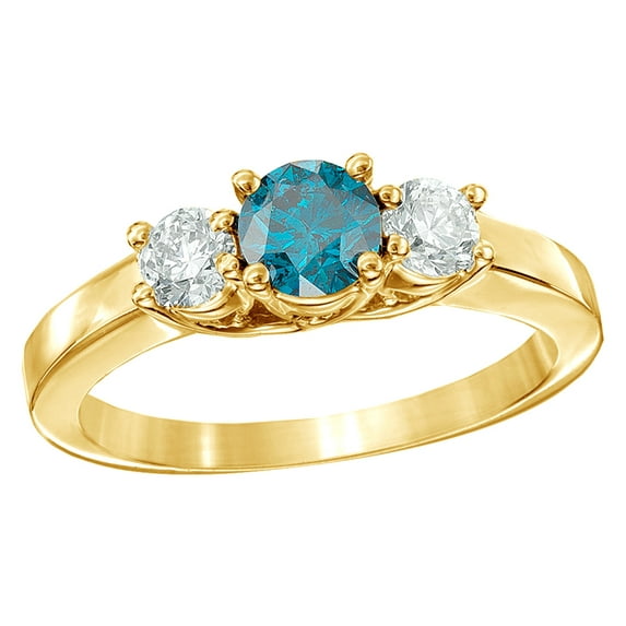 AFFY White & Blue Natural Diamond Three Stone Fancy Ring in 14k Yellow Gold (0.75 cttw)