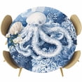 thumbnail image 1 of White Blue Octopus Coastal Round Tablecloth 36-44 Inch Round Fitted Table Cloth with Elastic Edge, Summer Beach Shell Coral Waterproof Table Cover Protector for Outdoor Picnic Party Dining, 1 of 6