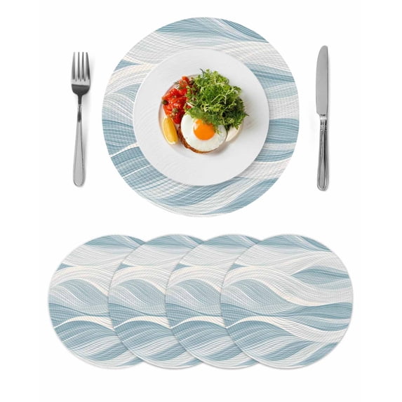 White Blue Ombre Stripe Round 13 Inch Placemats Set of 4, Modern Abstract Moire Waves HeatResistant Non Slip Place Mats for Dining Table, Wipeable Braided Kitchen Table Mats for Housewarming