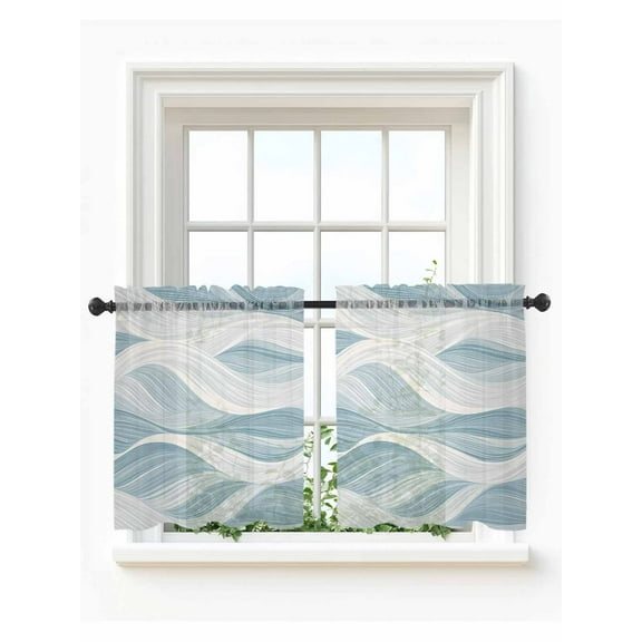 White Blue Ombre Stripe Tier Curtains 36 Inch Length,Sheer Curtains for Bedroom Living Room,Modern Abstract Moire Waves Rod Pocket Voile Drapes Kitchen Curtains Small Half Window 27.5"x36" 2 Panels