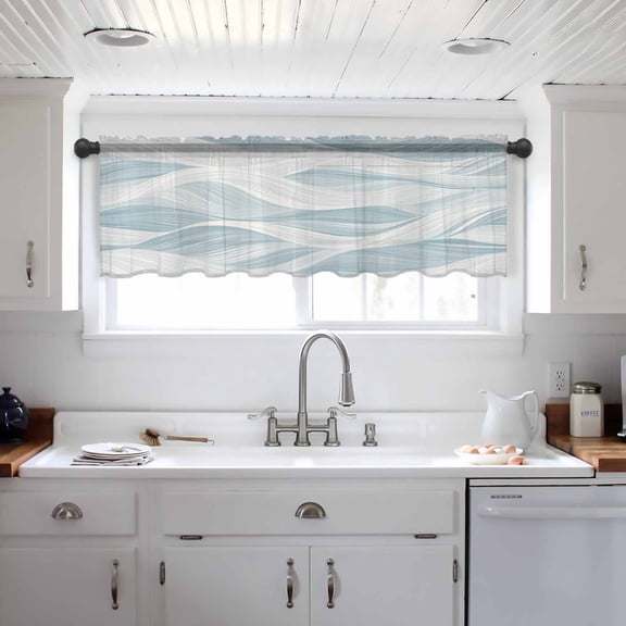 White Blue Ombre Stripe Valance Curtains for Kitchen/Living Room/Bathroom/Bedroom Window, Modern Abstract Moire Waves Rod Pocket Small Topper Half Short Window Curtains Voile Sheer Scarf 42"x18"
