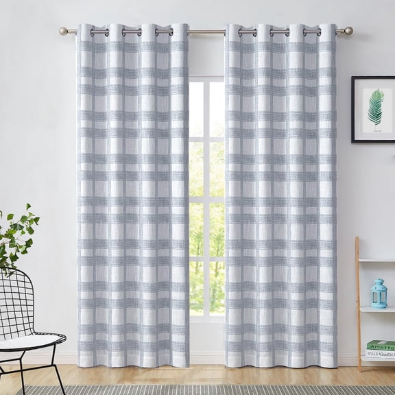 White and Blue Plaid Blackout Window Curtain Noise Reducing Buffalo Check Geometric Panel Long for Bedroom Grommet Top Rustic Farmhouse Room Darkening Drape, Dusty Blue 26"W x 54"L (Pack of 2)