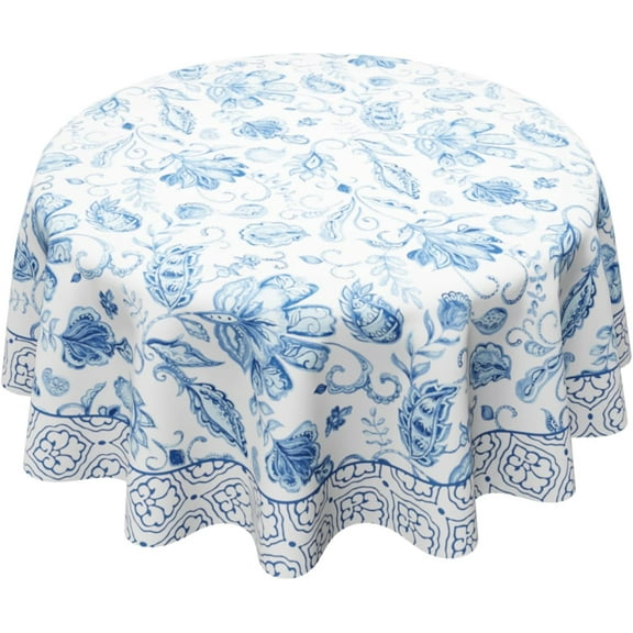White and Blue Porcelain Waterproof Fabric Tablecloth, Rectangle Watercolor Wrinkle Oil-Proof Resistant Table Cover for Dining Table, Buffet Parties and Campin,(60" inch Round)