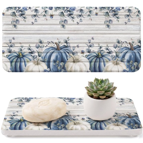 White Blue Pumpkin Diatomaceous Earth Coasters, Fall Thanksgiving Water Absorbent Diatomite Coaster, Bathroom Tray Stone Dish Drying Mat Kitchen Sink Tray 8.3x4in