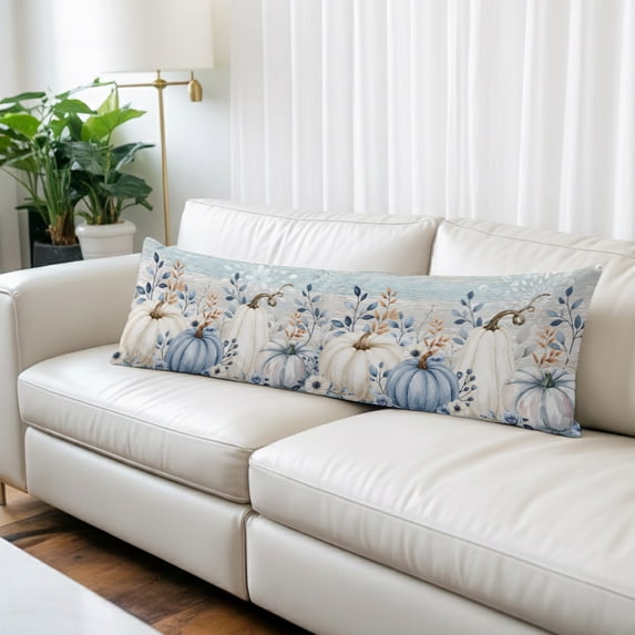 White Blue Pumpkin Fall Body Pillow Cover 20x54, Thanksgiving Eucalyptus Gray Wooden Decorative Pillowcase with Zipper, Microfiber Pillow Protector, Soft Breathable Long Lumbar Pillowcases for Women