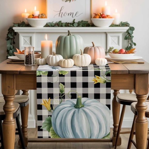 White Blue Pumpkin Table Runner, Autumn Thanksgiving Kitchen Dining Table Decoration for Home Party Decor 13x108 Inches