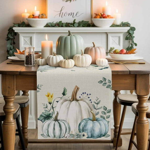 White Blue Pumpkin Table Runner, Autumn Thanksgiving Kitchen Dining Table Decoration for Home Party Decor 13x72 Inches