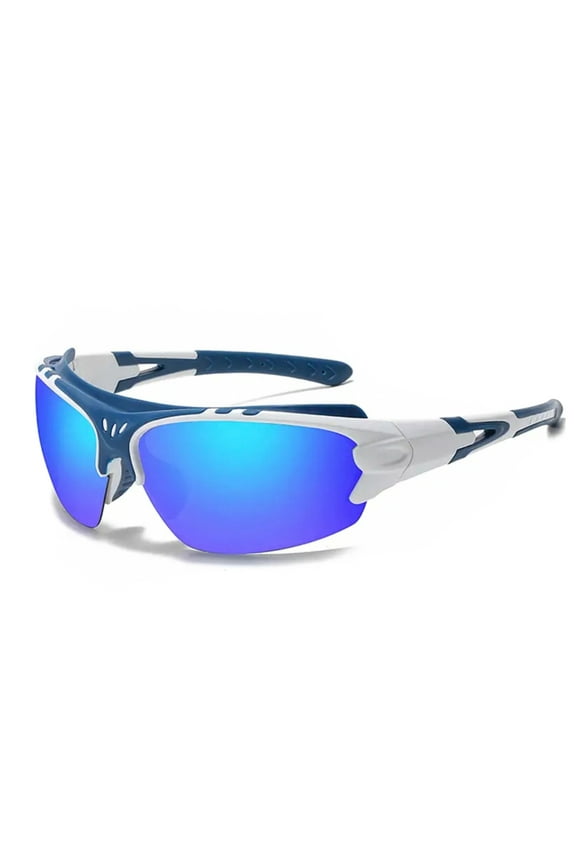 White Blue Shield Wraparound Sports Running Hiking Cycling Fishing Golf Motorcycle Hiking Sunglasses for Men Women Outdoor HD Polarized UV Protection Rave Mirrored Reflective Mirror Sport Glasses