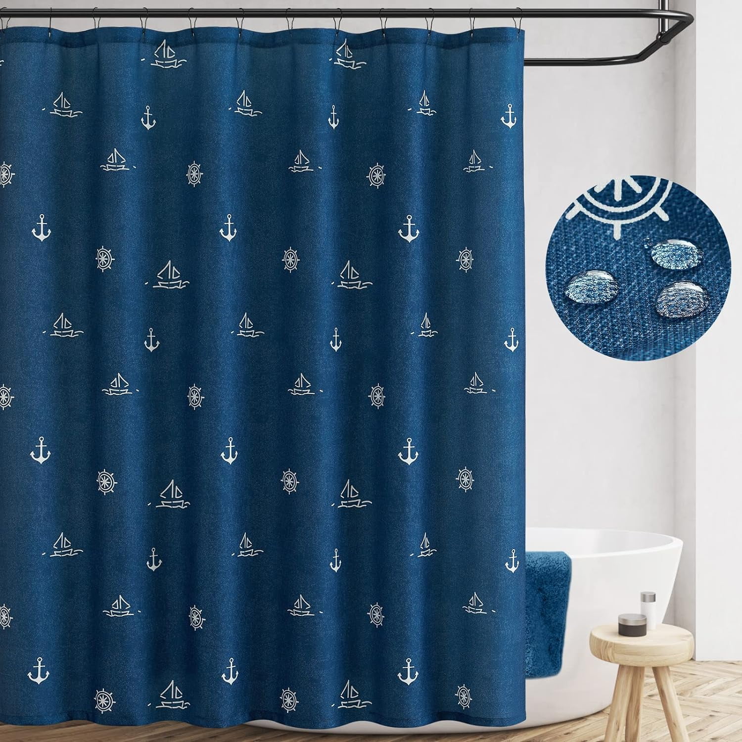 White and Blue Shower Curtain Nautical for Bathroom Kids Fabric Shower Curtain Cartoon Printed