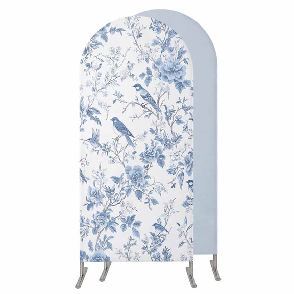 White Blue Spring Floral Arch Backdrop Cover 6.6 FT,Spandex Wedding Arch Stand Covers Stretchy Backdrop,Summer Birds Botanical Round Top Party Arched Background for Birthday Event Baby Shower Decor