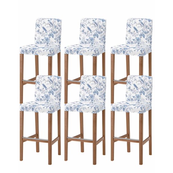 White Blue Spring Floral Bar Stool Covers Set of 6, Summer Birds Botanical Stretch Washable Bar Chair Covers with Backs, Removable Pub Counter Height Chair Cover for Kitchen Dining Room Cafe