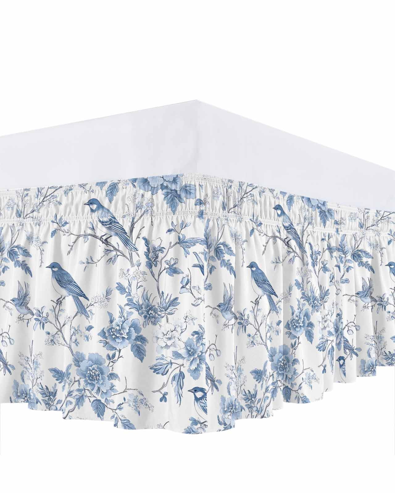 White Blue Spring Floral Bed Skirt Cal King Size, Summer Birds Botanical Wrap Around Bed Skirting with Adjustable Elastic Strap, Dust Ruffled Pleated Bedskirts 16 Inch Drop for Bedroom Cal King Beds
