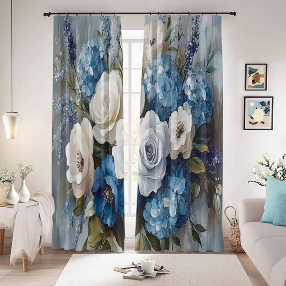 White Blue Spring Floral Blackout Curtains for Bedroom/Living Room, Pinch Pleated Black Out Curtains, Pastoral Flowers Retro Room Darkening Window Drapes with Hooks 2 Panels, 39"x70"