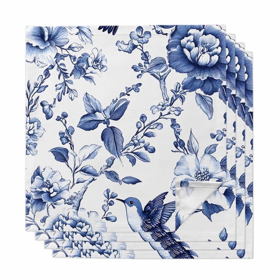 White Blue Spring Floral Cloth Napkins, Summer Botanical Hummingbird Washable and Reusable Dinner Napkins Set of 4, Table Napkin for Kitchen Party Birthday Wedding Hotel Housewarming 20"x20"