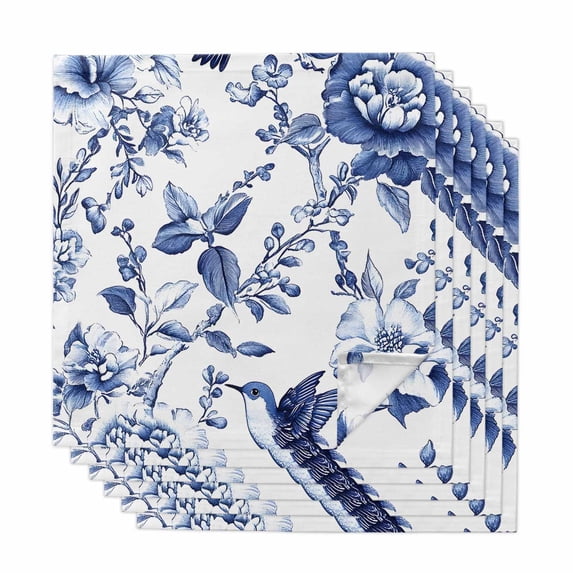 White Blue Spring Floral Cloth Napkins, Summer Botanical Hummingbird Washable and Reusable Dinner Napkins Set of 6, Table Napkin for Kitchen Party Birthday Wedding Hotel Housewarming 20"x20"