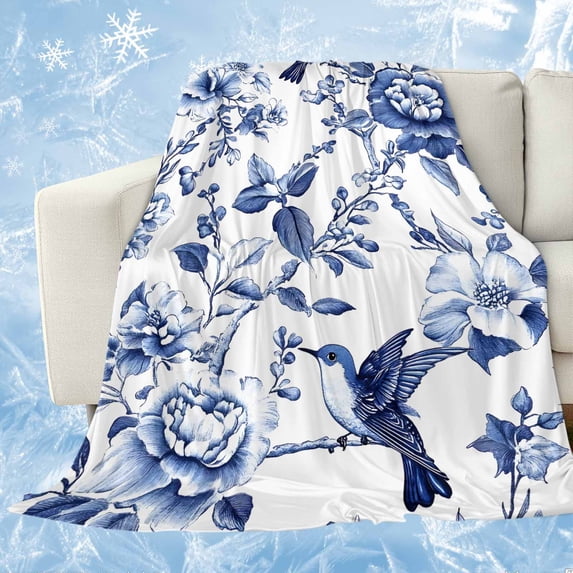 White Blue Spring Floral Cooling Blanket,Lightweight Breathable Summer Throw Blanket with Double Sided Cold Effect,Summer Botanical Hummingbird Picnic Blankets Bed Sheet for Hot Sleepers 50"x60"