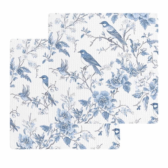 White Blue Spring Floral Dish Towels Set, Waffle Weave Kitchen Towels 2 Pieces, Summer Birds Botanical Microfiber Hair Face Bath Tea Towel Absorbent Quick Drying Cleaning Dish Cloths 12"x12"