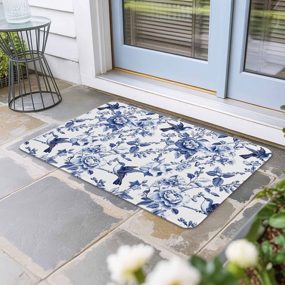 White Blue Spring Floral Door Mat Indoor Outdoor, Summer Botanical Hummingbird Non Slip Welcome Mat with Rubber Backing, Absorbent Fabric Front Door Mats Entryway Rug for Home Patio Entrance 16"x24"