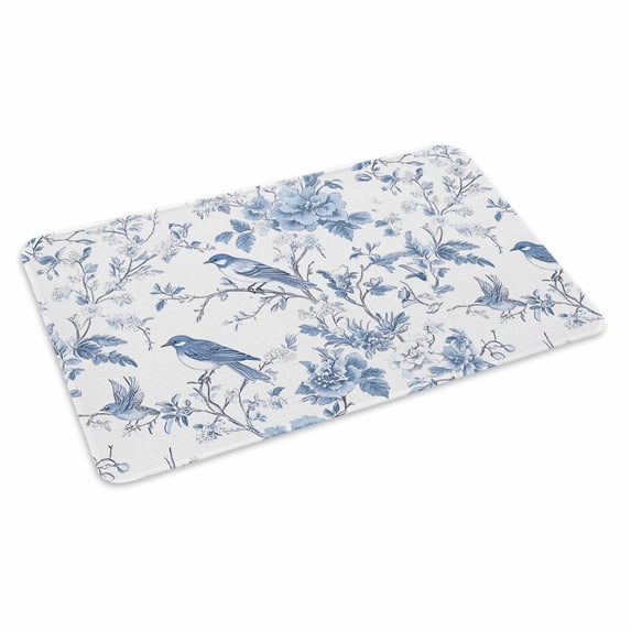 White Blue Spring Floral Doormat Outdoor Entrance 18"x30", Summer Birds Botanical Absorb Moisture Dirt Door Mats, Non-Slip Rubber Backing Floor Mats Indoor, Low-Profile Front Door Rugs