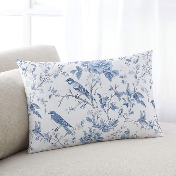 White Blue Spring Floral King Pillow Covers, Summer Birds Botanical Soft Breathable Throw Pillow Cases with Invisible Zipper, Decorative Pillowcase Pillows Protectors for Sofa Bed Couch 20"x36"