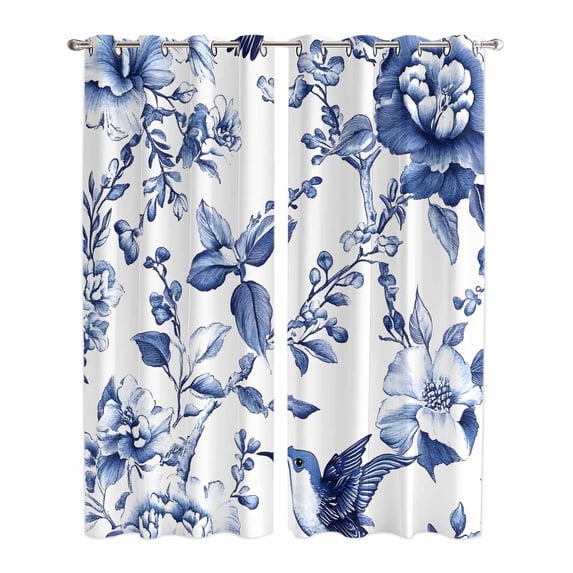 White Blue Spring Floral Kitchen Curtains 96 Inch Length, Summer Botanical Hummingbird Grommet Top Bedroom Living Room Curtains, Light Filtering Cafe Curtain Drapes 2 Panels Set 104''x96''