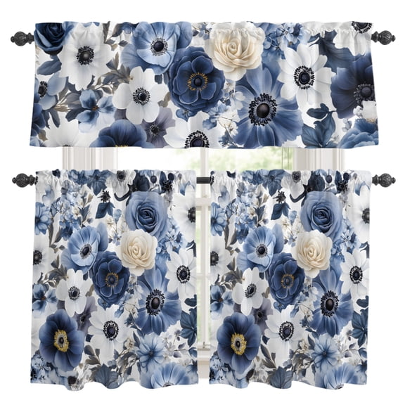 White Blue Spring Floral Kitchen Curtains Set for Windows, Retro White Dark Blue Flower Rose Botanical Farm Curtains Valance and Tier 3 Piece Set Small Drapes 24 Inch Length for Kitchen Bedroom Decor