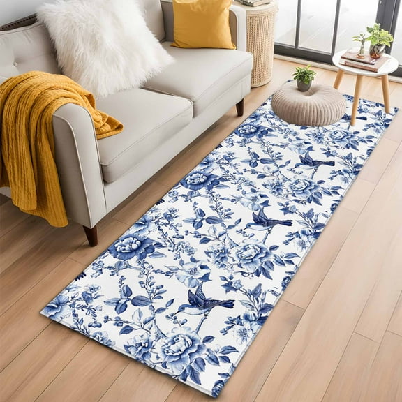 White Blue Spring Floral Kitchen Runner Rug 2x6 Washable Runners for Hallway Non Slip Summer Botanical Hummingbird Large Area Rug Indoor Floor Carpet for Bathroom Laundry Entryway Bedroom Living Room