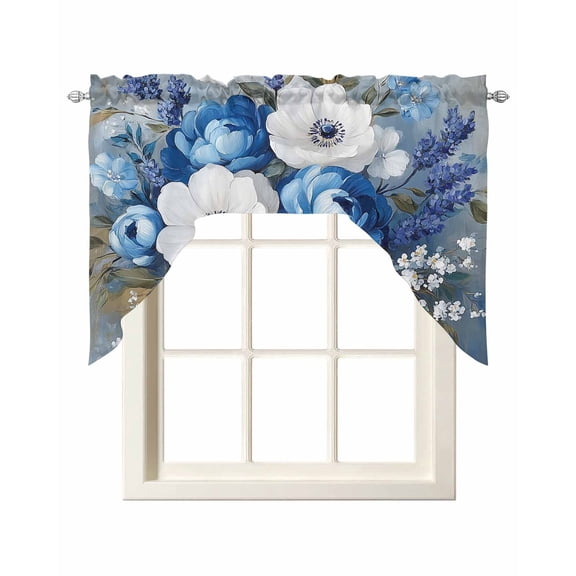 White Blue Spring Floral Kitchen Swag Valances for Windows, Vintage Flowers Pastoral Swag Valances Curtains for Living Room, Rod Pocket Window Treatments for Bathroom, Bedroom, Cafe, 56"x36"