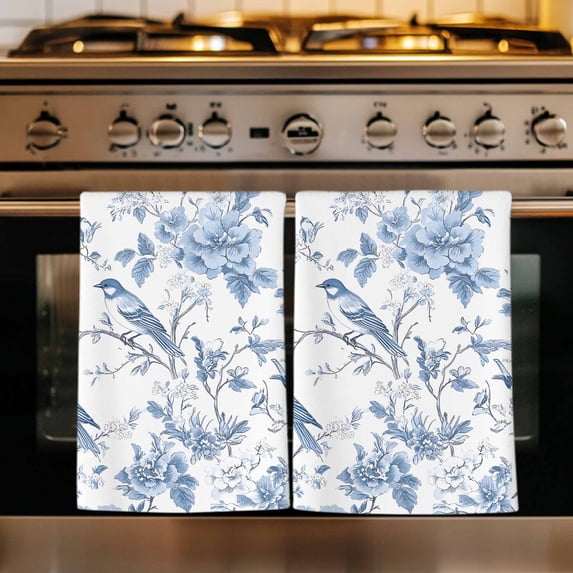 White Blue Spring Floral Kitchen Towels Set of 1, Summer Birds Botanical Absorbent Dish Towels for Kitchen, Microfiber Hand Towel, Quick Drying Tea Towel for Cleaning Decorative Dishcloths