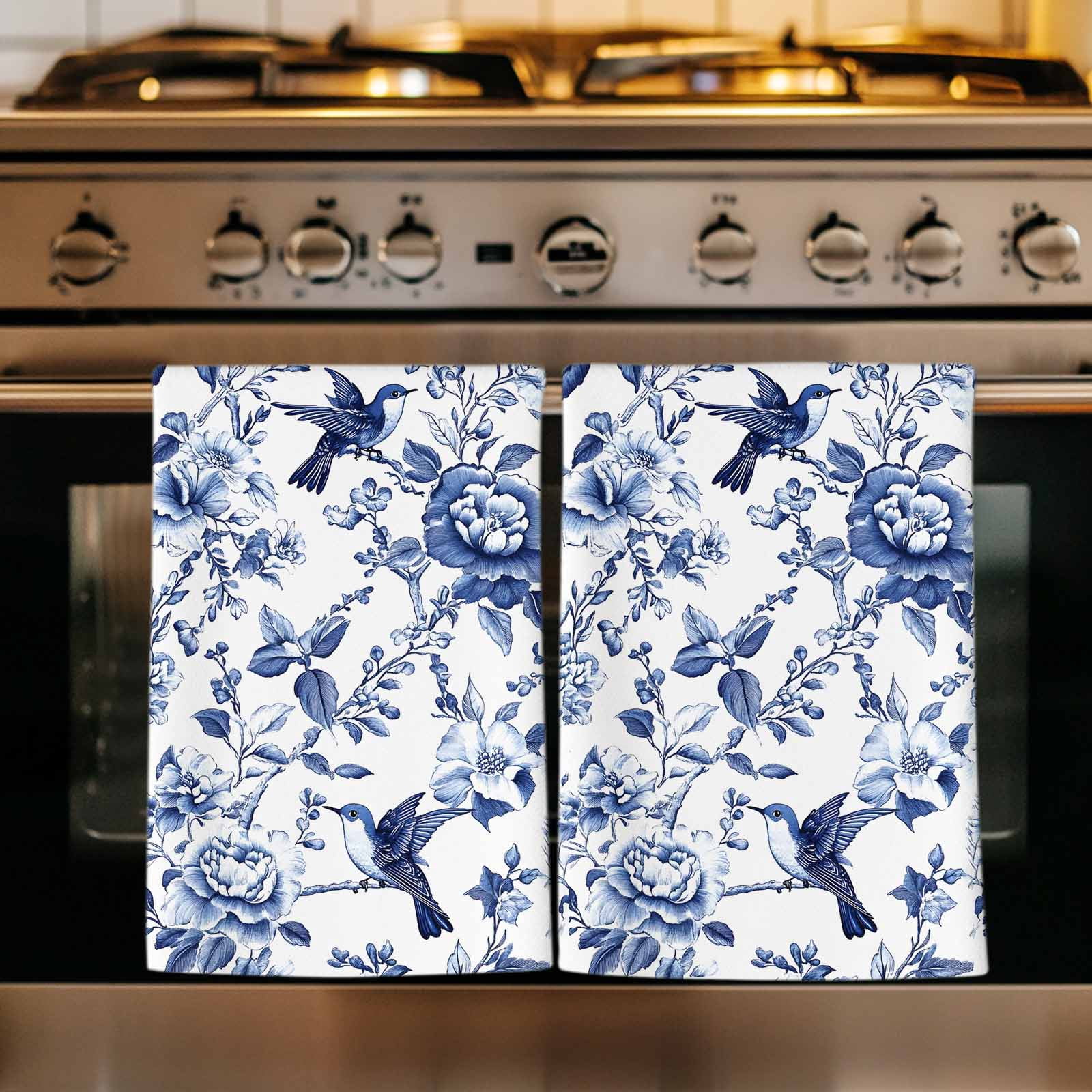 White Blue Spring Floral Kitchen Towels Set of 2, Summer Botanical Hummingbird Absorbent Dish Towels for Kitchen, Microfiber Hand Towel, Quick Drying Tea Towel for Cleaning Decorative Dishcloths