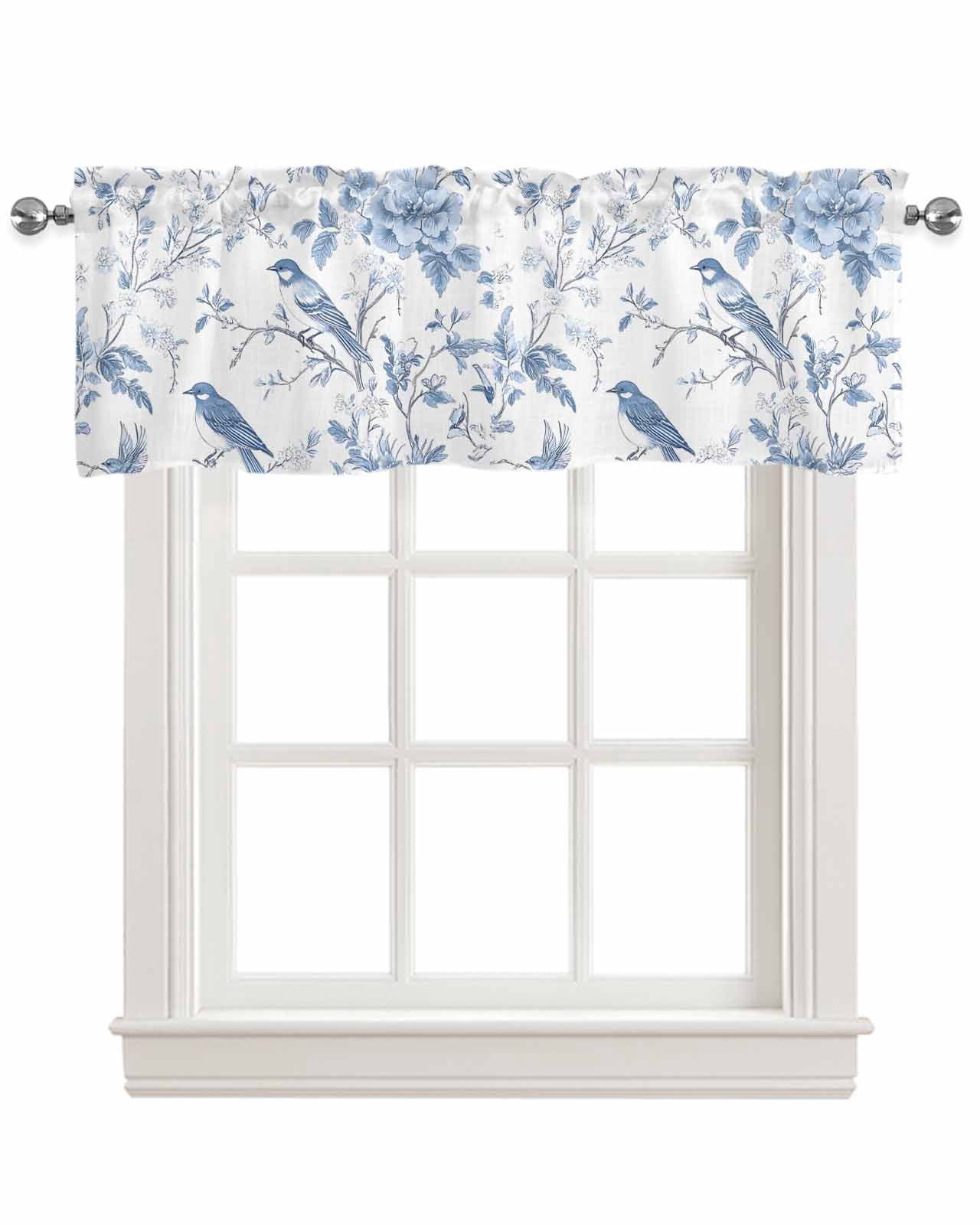 White Blue Spring Floral Kitchen Valances for Windows Farmhouse Linen Window Valance Curtain for Living Room Window Treatment Summer Birds Botanical Valance Rod Pocket Topper Drape, 54 x 18 Inch