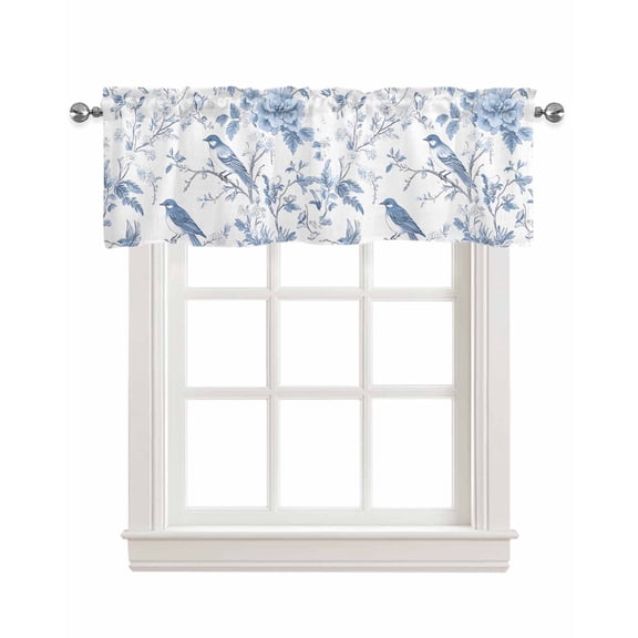 White Blue Spring Floral Kitchen Valances for Windows Farmhouse Linen Window Valance Curtain for Living Room Window Treatment Summer Birds Botanical Valance Rod Pocket Topper Drape, 60 x 18 Inch