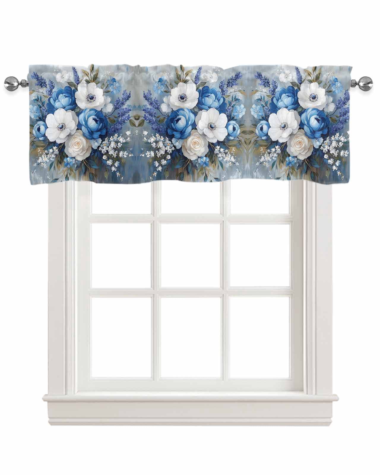 White Blue Spring Floral Kitchen Valances for Windows Farmhouse Linen ...