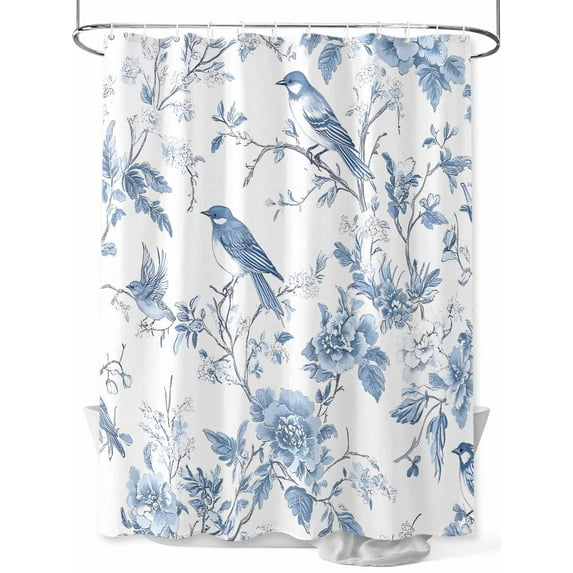 White Blue Spring Floral Long Shower Curtain Set, Waterproof Shower Curtains for Bathroom, Summer Birds Botanical Washable Fabric Cloth Bath Curtain for Bathtub Decoration with Hooks 72x84 Inches