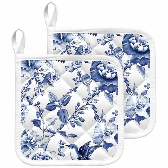 White Blue Spring Floral Pot Holders for Kitchen Heatproof Potholder, 2 Pack Summer Botanical Hummingbird Hot Pads Multipurpose Oven Pads Cloth Potholders Trivet for Cooking and Baking