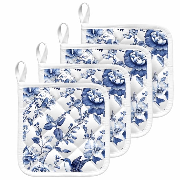 White Blue Spring Floral Pot Holders for Kitchen Heatproof Potholder, 4 Pack Summer Botanical Hummingbird Hot Pads Multipurpose Oven Pads Cloth Potholders Trivet for Cooking and Baking