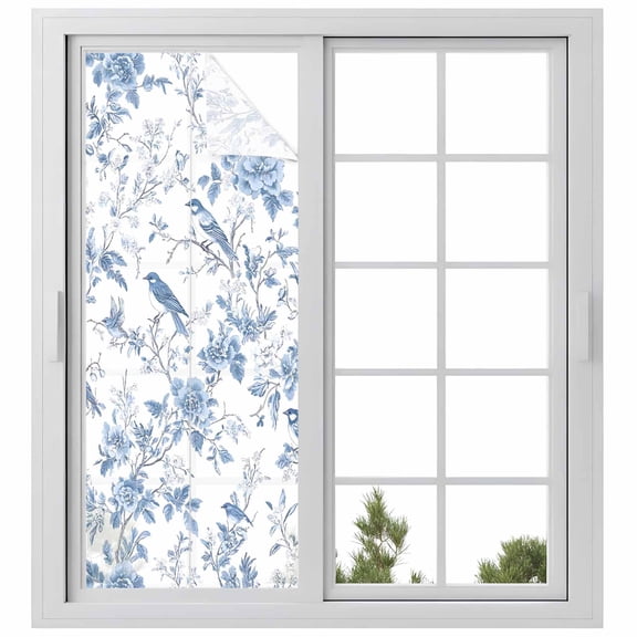 White Blue Spring Floral Privacy Window Film, Decorative Frosted Glass Window Film, Summer Birds Botanical Reusable Peel and Stick Static Cling for Home Bathroom Office Glass Door 23.6"x59"