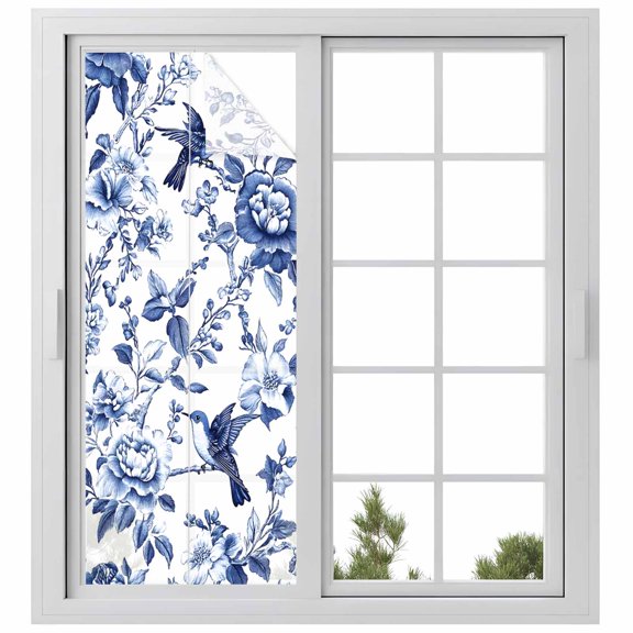 White Blue Spring Floral Privacy Window Film, Decorative Frosted Glass Window Film, Summer Botanical Hummingbird Reusable Peel and Stick Static Cling for Home Bathroom Office Glass Door 23.6"x59"
