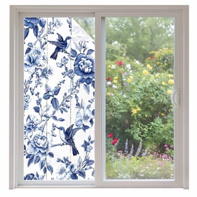 White Blue Spring Floral Privacy Window Film, Decorative Frosted Glass Window Film, Summer Botanical Hummingbird Reusable Peel and Stick Static Cling for Home Bathroom Office Glass Door 35.4"x78.7"